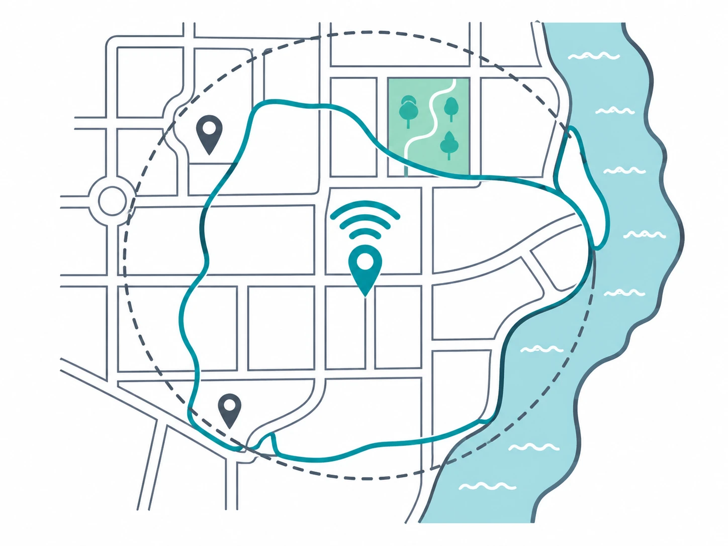 A map illustration showing the difference between a circular radius and a real trade area shaped by roads and barriers