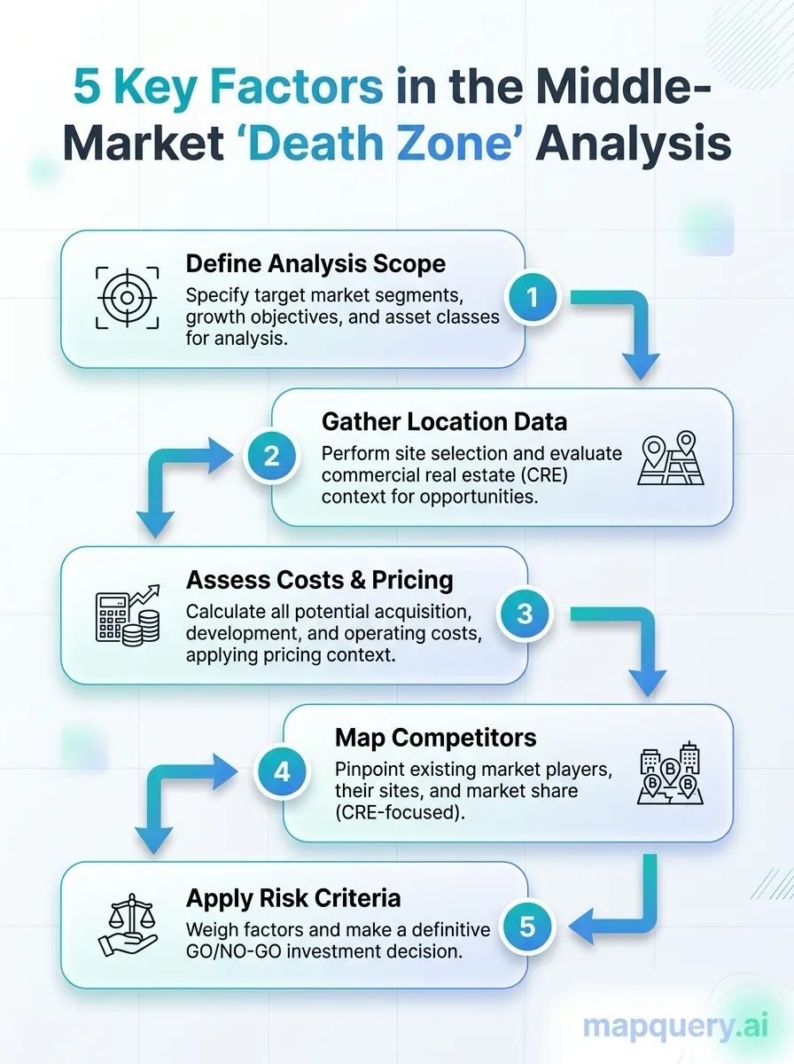 Infographic: the five factors that define risk in the middle-market death
zone, including occupancy cost ratio, competitor density, customer sentiment,
trade area overlap, and market
trajectory.