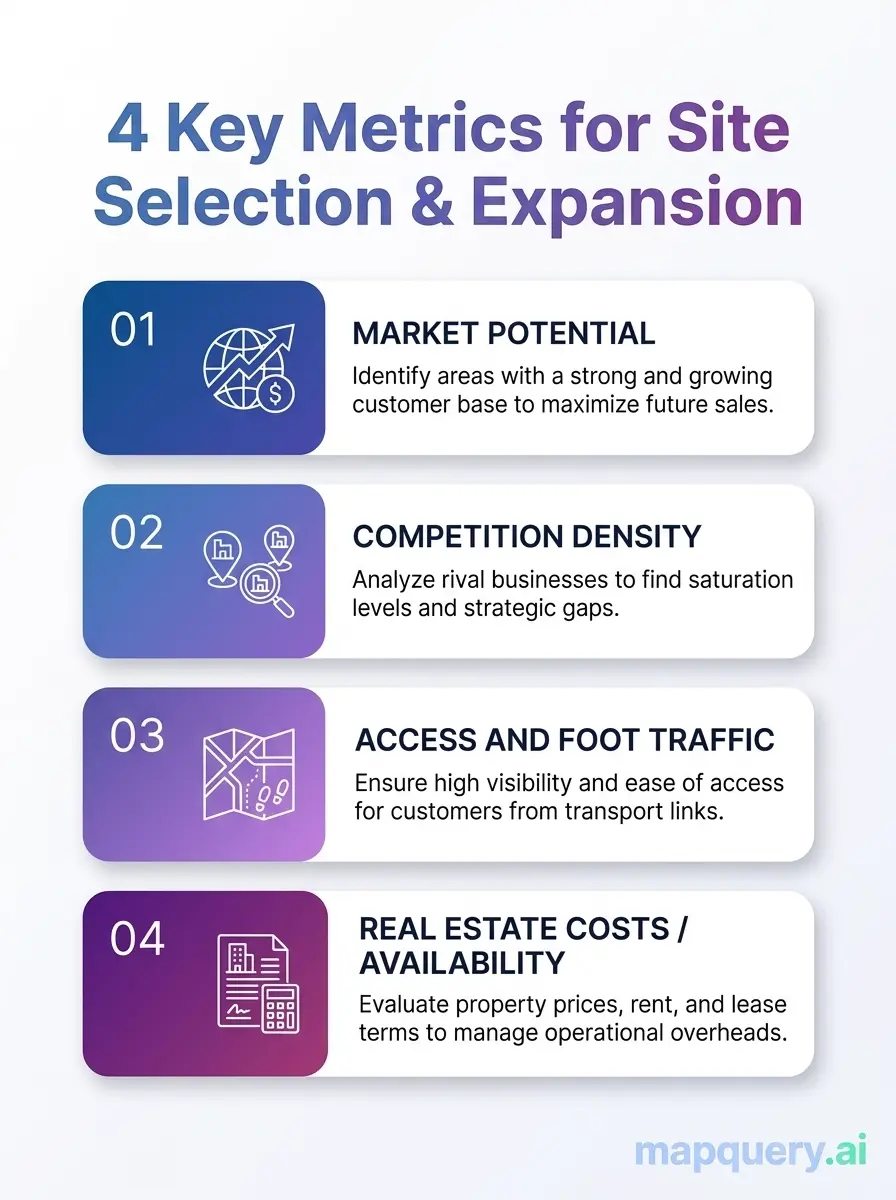 Chart showing the 4 key metrics for site selection and business expansion strategy: competitor density, customer sentiment, demand signals, and neighborhood stability.