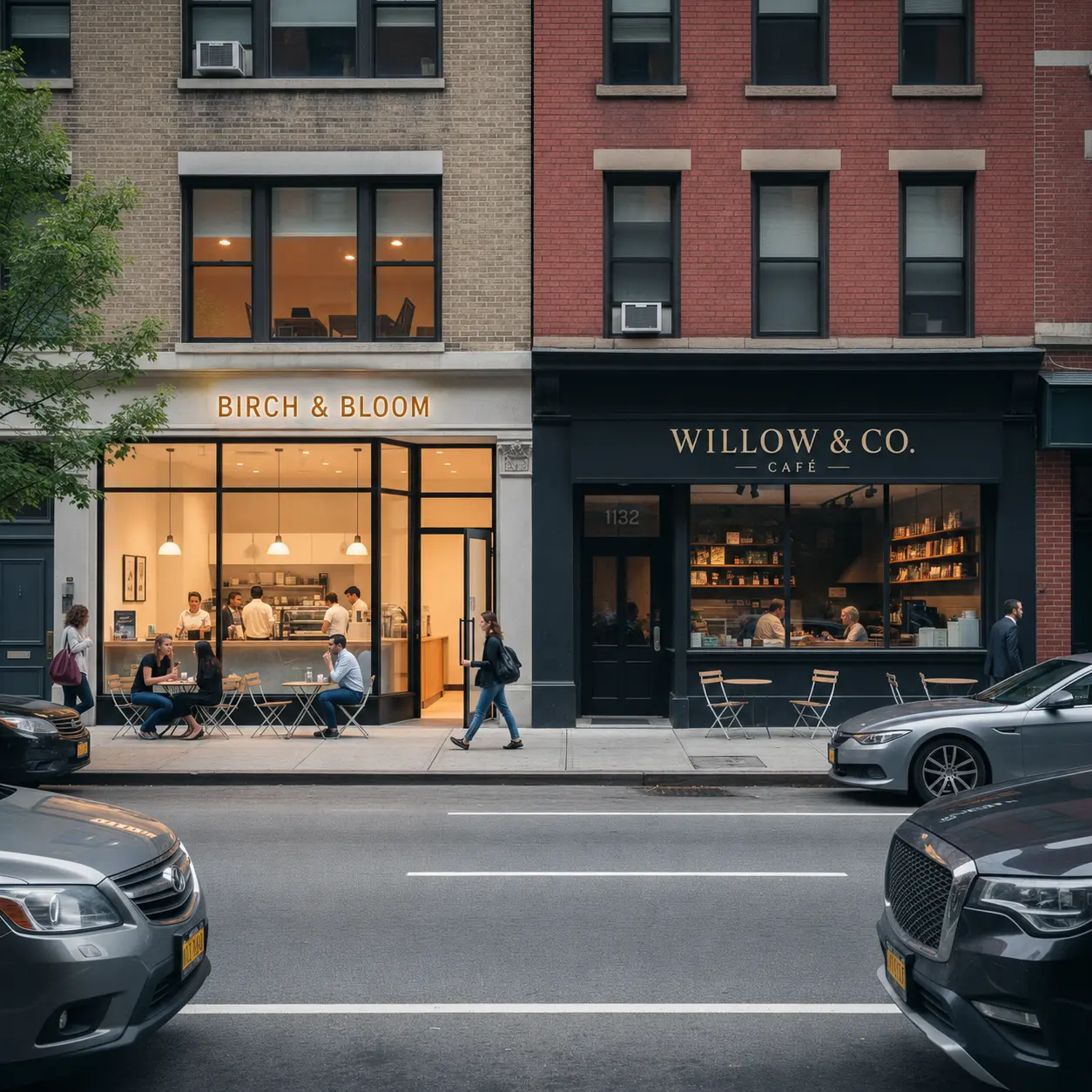 Two competing cafes on opposite sides of a street, illustrating competitor density analysis in retail site selection.