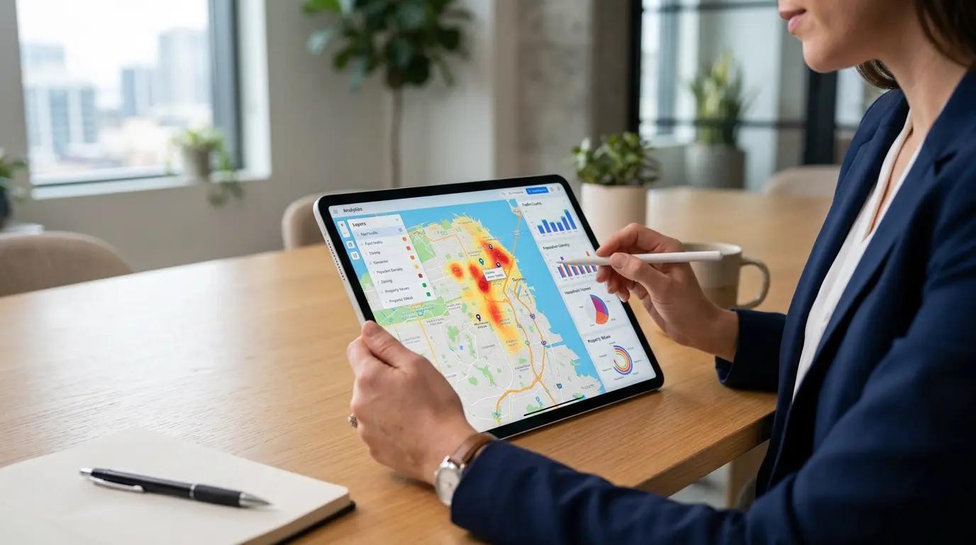 CRE broker reviewing location intelligence data for a commercial real estate pitch