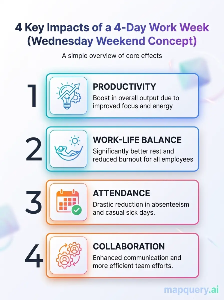 Infographic: Wednesday Weekend concept showing four key impacts of a 4-Day Work Week.